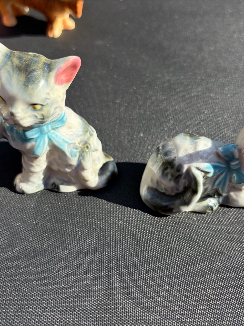 Ceramic Cat Figurines with Blue Bows - Decorative salt and pepper shakers
